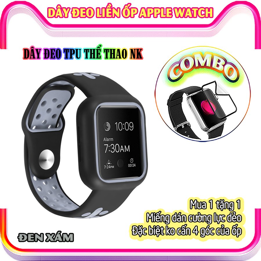 Dây Đeo liền ốp dành cho Apple Watch size 38/40/42/44mm TPU thể thao viền màu - Đen Xám (tặng dán KCL theo size