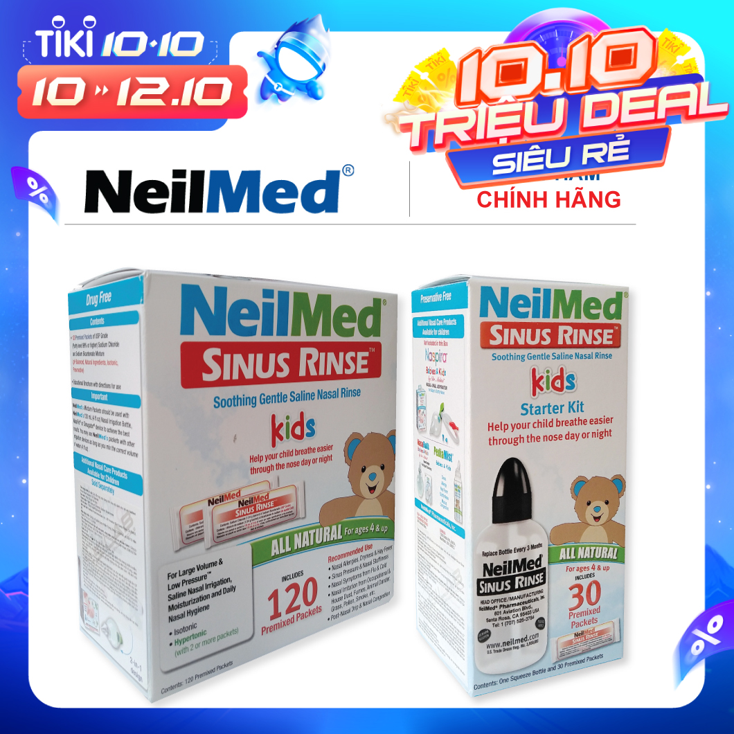 Combo Baby SinusCare: Bộ Rửa, Vệ Sinh Mũi Xoang Trẻ Em NeilMed Sinus Rinse Kids - SX Mỹ(1 Bình + 30 gói muối và 1 Hộp 120 gói muối rửa bổ sung)