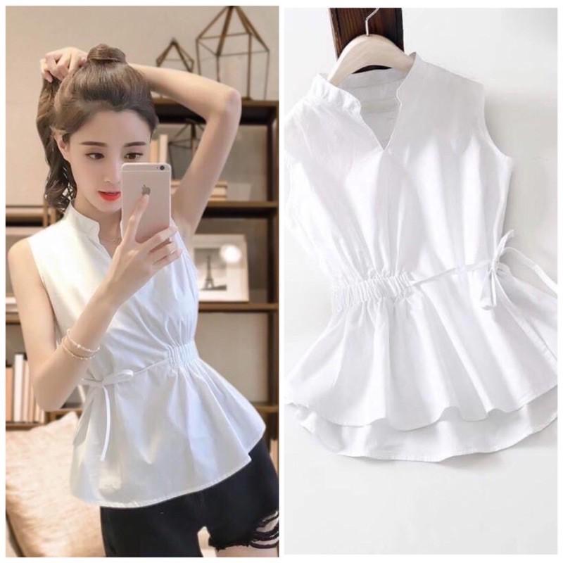 Áo sơ mi khoét tay cổ V điệu đà
