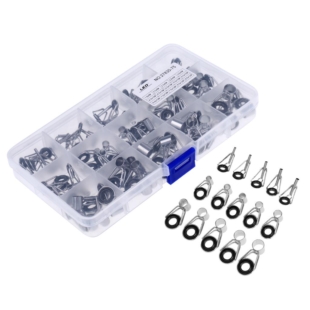 75pcs Fishing Rod Guides Tip Rings Set Rod Repair Kit DIY Eye Ring with Box