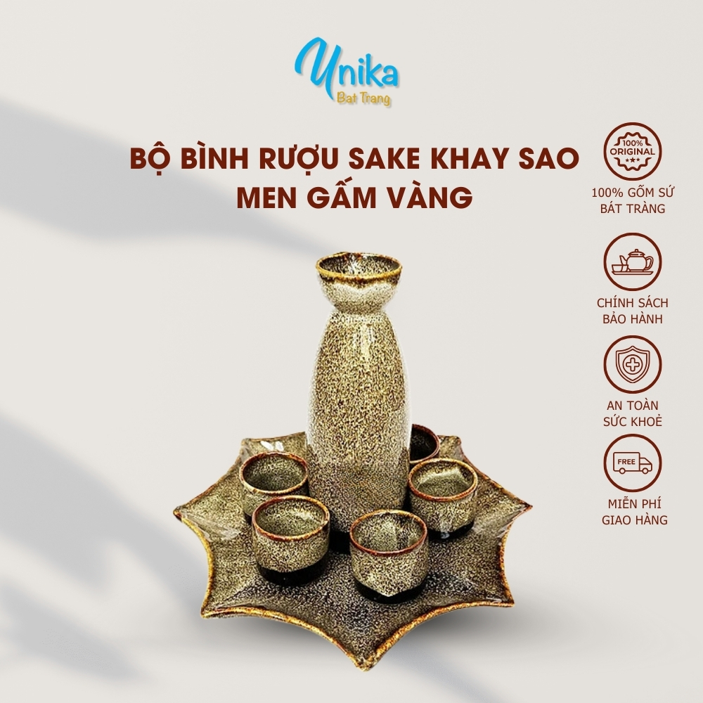 Bộ sake cao men gấm vàng khay quạt - Set sake men hỏa biến - Gốm Unika Bát Tràng