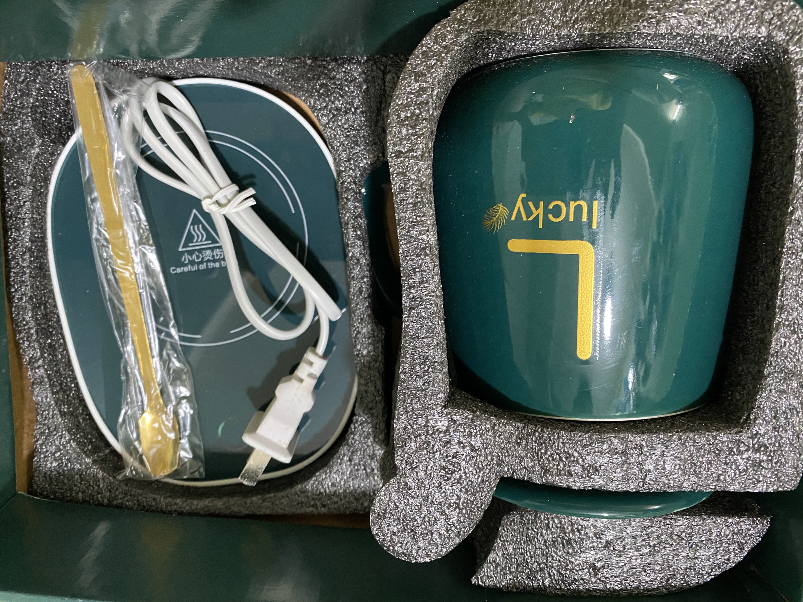 Cốc Hâm Nóng Thủy Tinh Kèm Đế Điện, Bộ Ly Sứ Kèm Đế Điện Hâm Nóng Trà, Cà phê, Hâm Sữa + Thìa Vàng, Hộp Sang Trọng