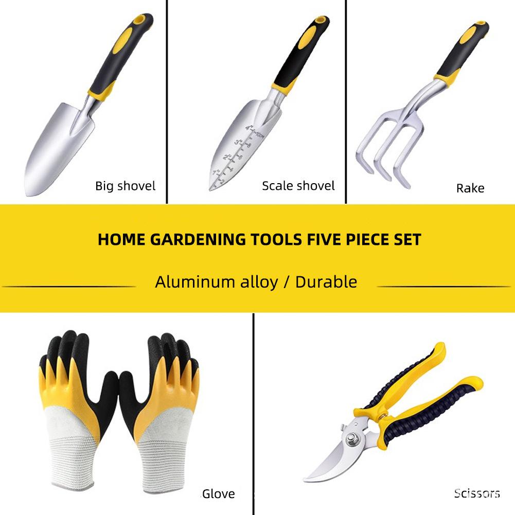Đặt với 5 công cụ làm vườn, bao gồm thuổng, trowels, vòng tròn, kéo vườn và găng tay vườn