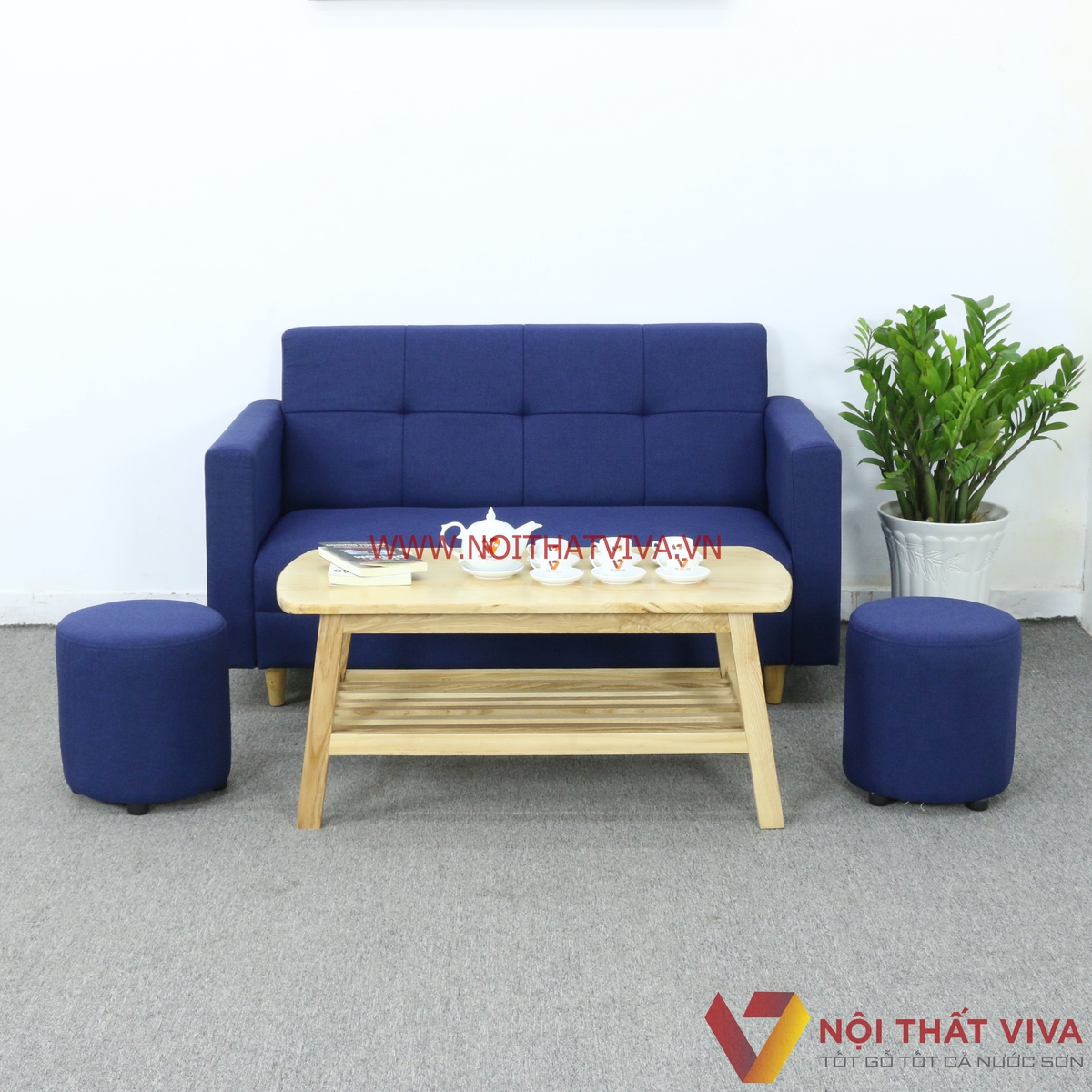 Bộ Bàn Ghế Sofa Nệm Bọc Nỉ Màu Xanh Dương 4 Món Gọn Đẹp Giá Rẻ