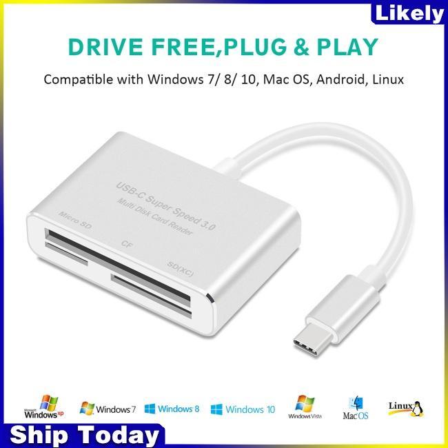 Đầu Đọc Thẻ Nhớ Chuyển Đổi 3 Trong 1 USB Type C Sang CF SD TF Cho Macbook Pro Air 2018