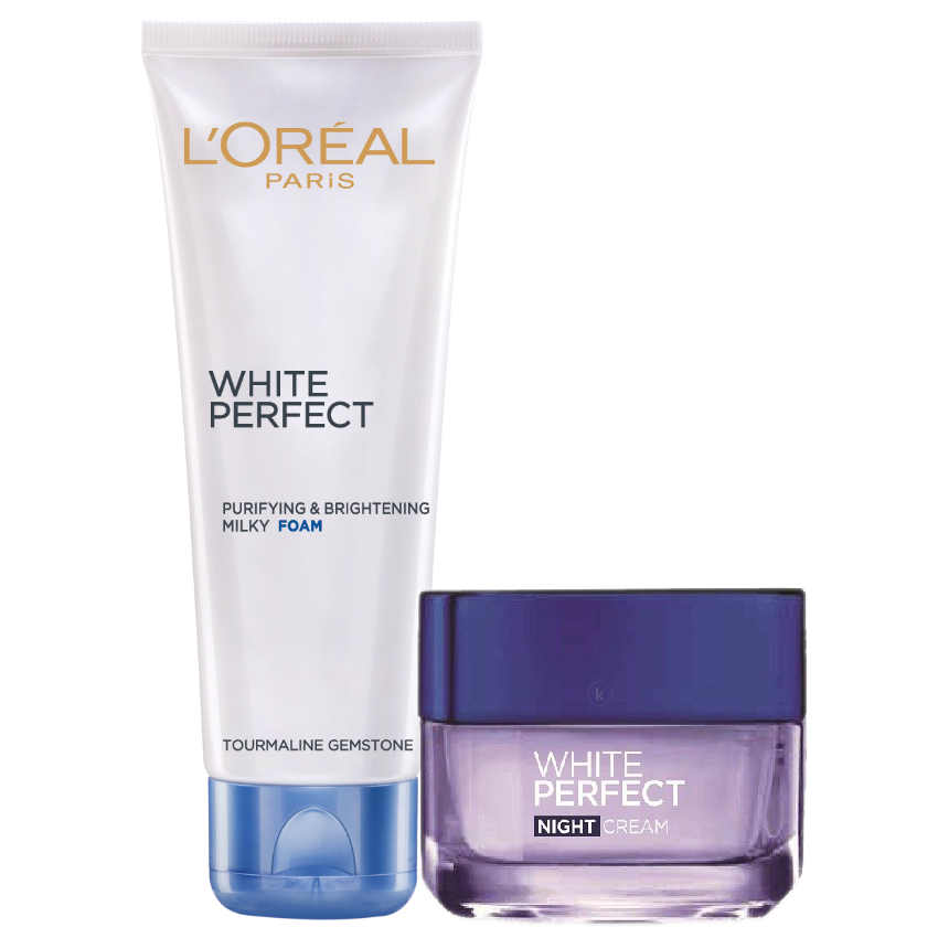 Bộ Đôi Kem Dưỡng Đêm Và Sửa Rửa Mặt White Perfect Dewy L'oreal 50ml