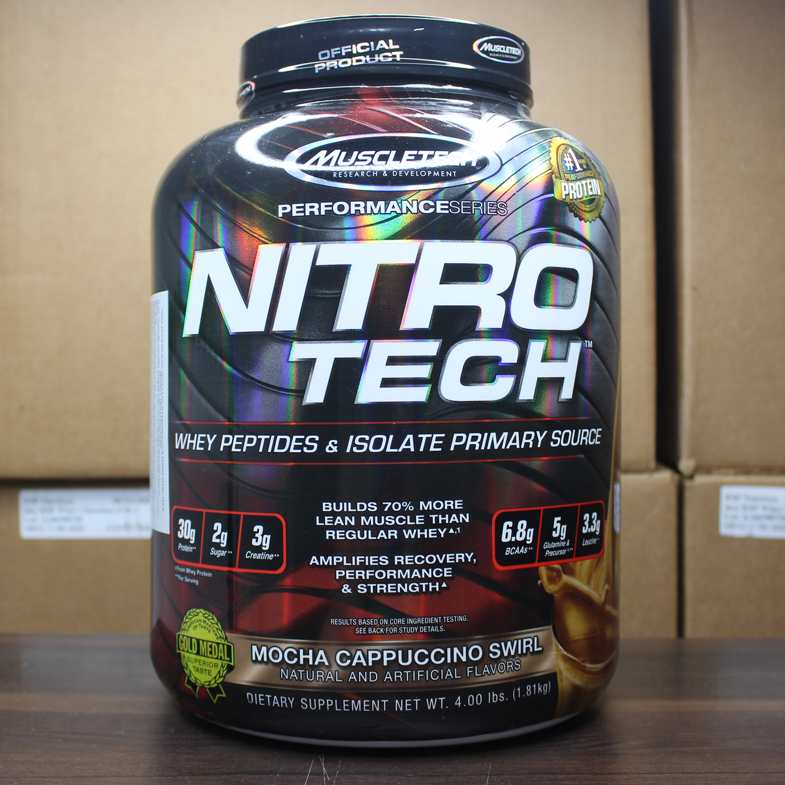 Combo Sữa tăng cơ giảm mỡ cao cấp Nitrotech của Muscletech hương Mocha Cappuccino hộp 4lbs & Bình lắc 600ml (Mẫu ngẫu nhiên) & Áo thun thể thao (Size L 68-80kg)