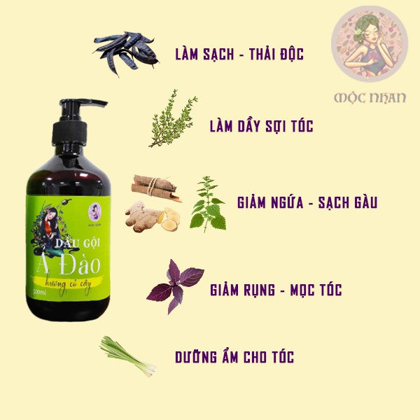 Dầu gội thảo dược bồ kết Ả đào hương cỏ cây Mộc Nhan ngăn rụng, dưỡng tóc chắc khỏe 500ml