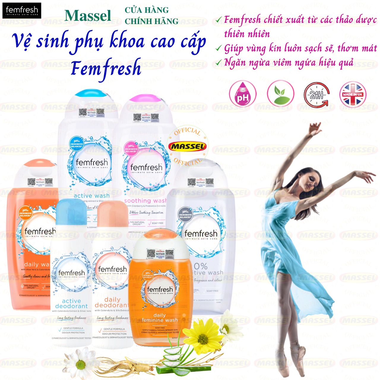 Dung dịch vệ sinh phụ khoa cao cấp Femfresh giúp sạch sẽ, thơm mát, tươi trẻ, tăng cường cấp ẩm, phòng viêm nhiễm cho cả nữ và nam - Massel Official