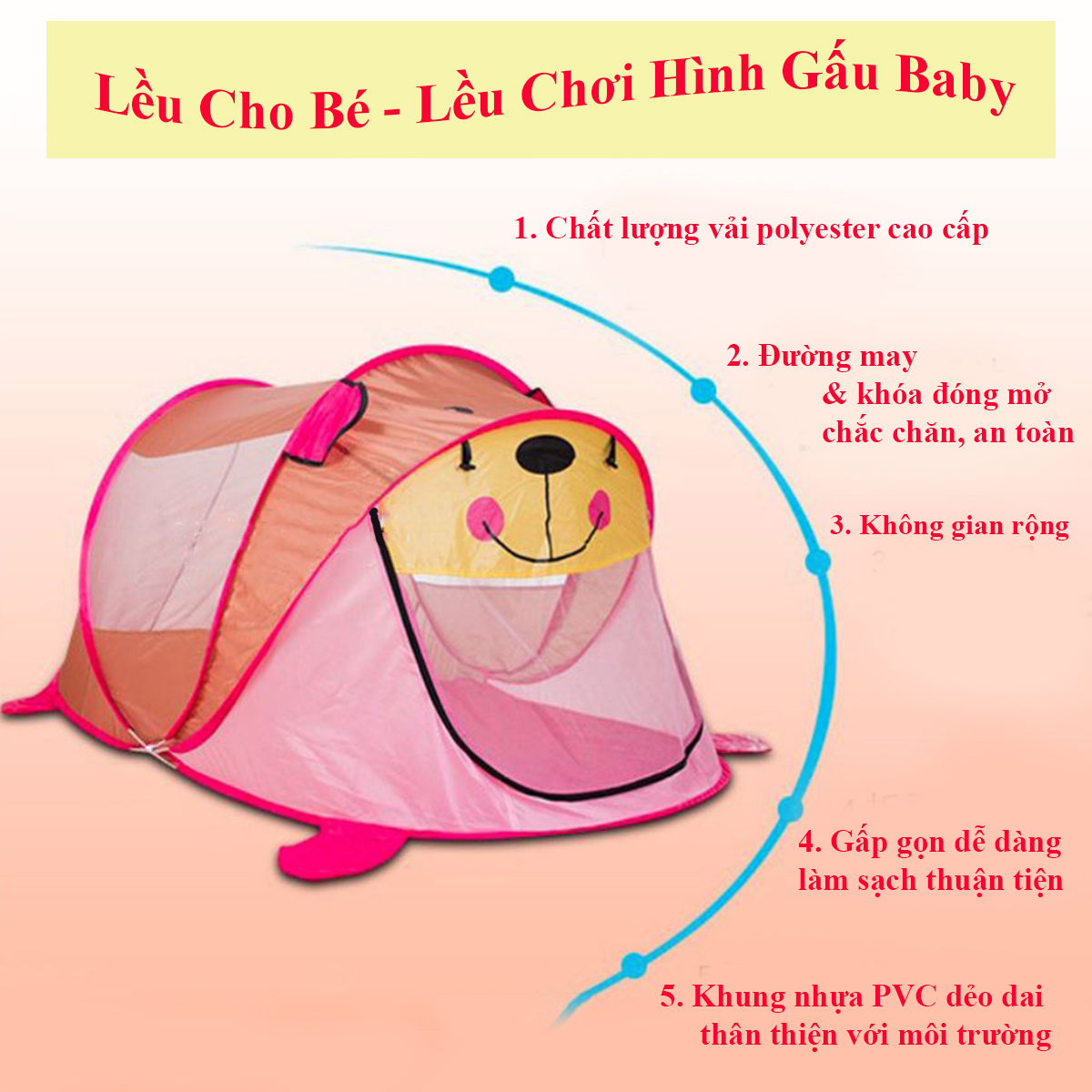 Lều Cho Bé - Lều Chơi Hình Gấu Baby - Chống Muỗi An Toàn, Thiết Kế Tự Bung, Dễ Dàng Di Chuyển, Tháo Rời, Cất Gọn.