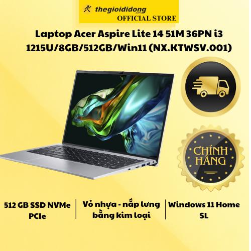 Laptop Acer Aspire Lite 14 51M 36PN i3 1215U/8GB/512GB/Win11 (NX.KTWSV.001) - Hàng Chính Hãng