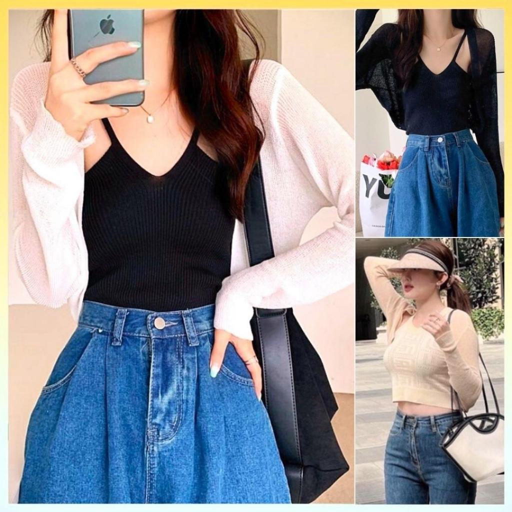 [L2M] Áo khoác len cardigan MỎNG NHẸ croptop tay dài choàng lưng hàng Quảng Châu dễ phối đồ