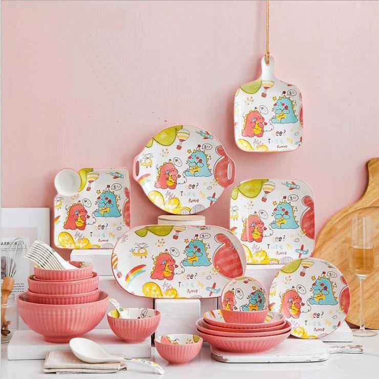 Bộ chén bát đĩa sứ khay sứ cao cấp ăn dặm cho bé hình Khủng Long Cute