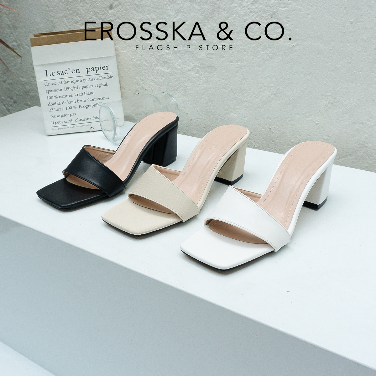 Erosska - Dép cao gót mũi vuông kiểu dáng Hàn Quốc cao 7cm EM084