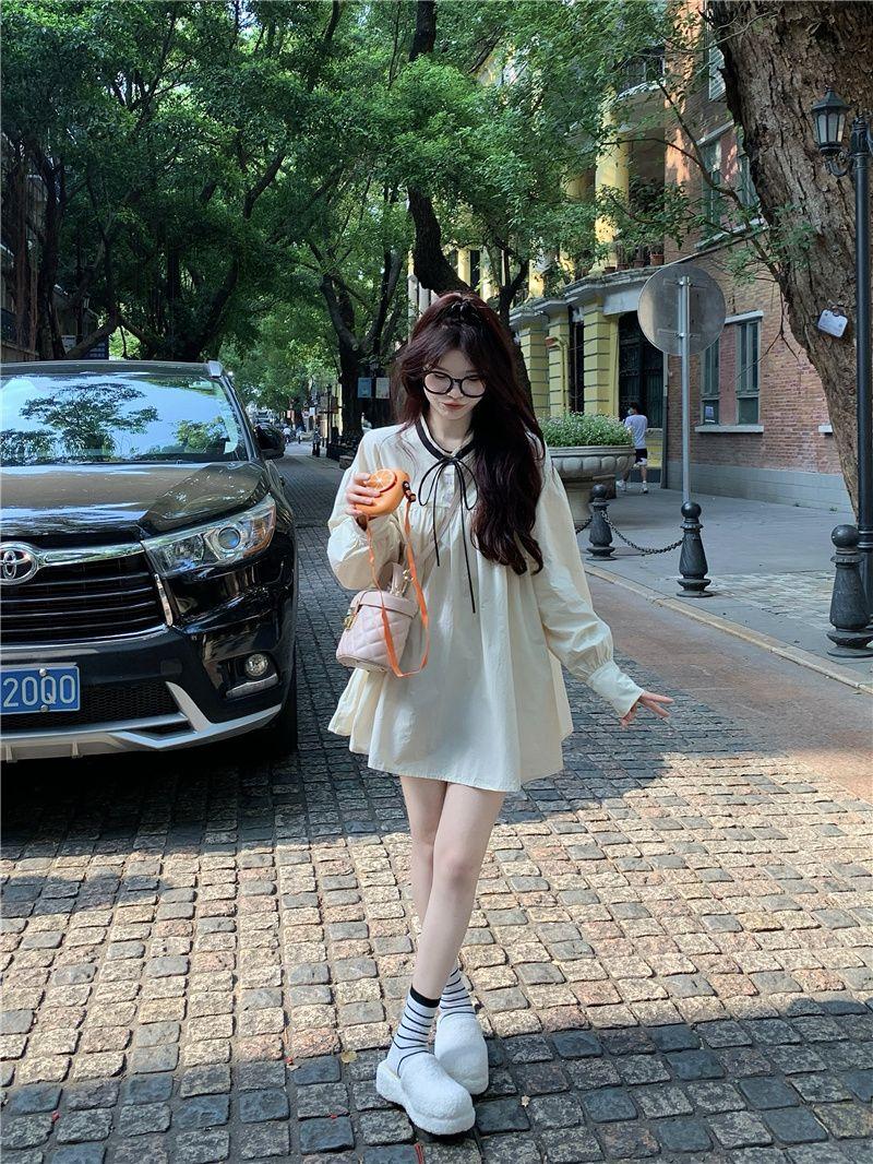 SHUANGYAN 2023 Pháp Vintage ren-up bong bóng tay áo đầm mùa xuân và mùa thu nữ dài tay áo lỏng lẻo váy ngắn ẩm ướt