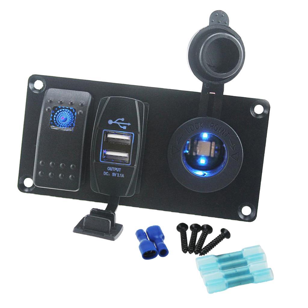 Car Boat Panel Blue Rocker Switch + USB Power Charger + Cigarette Lighter