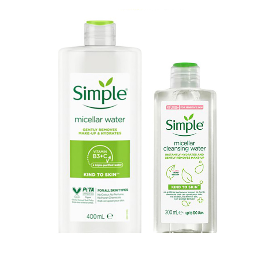 Combo 2 Nước tẩy trang Simple Micellar làm sạch 99% trang điểm, cho da thoáng mịn tức thì 400ml và 200ml