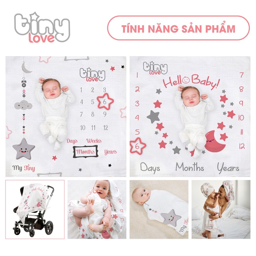 Bộ khăn tắm đa năng cho cả gia đình muslin sợi tre bamboo TinyLove, phù hợp sử dụng như chăn đắp, quấn ủ bé