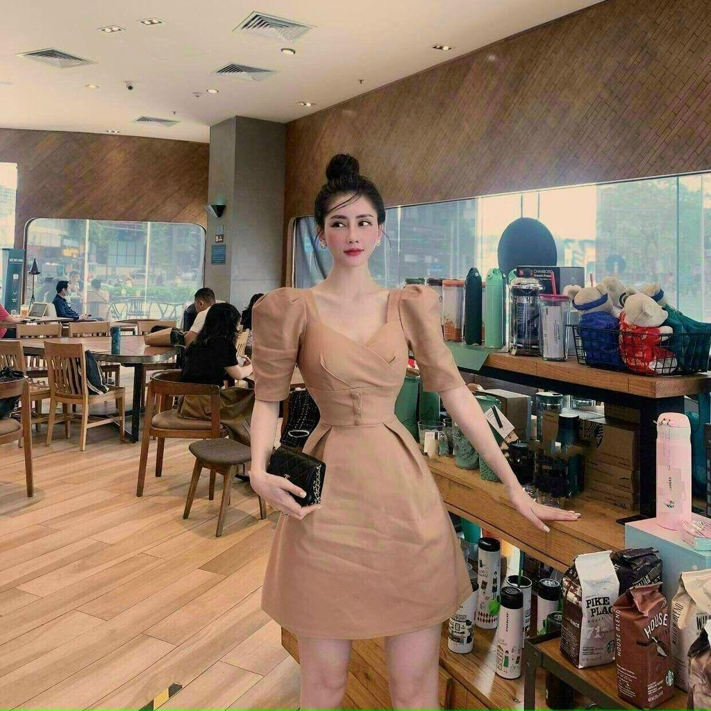 Đầm Xòe Tay Phồng Nút Bọc