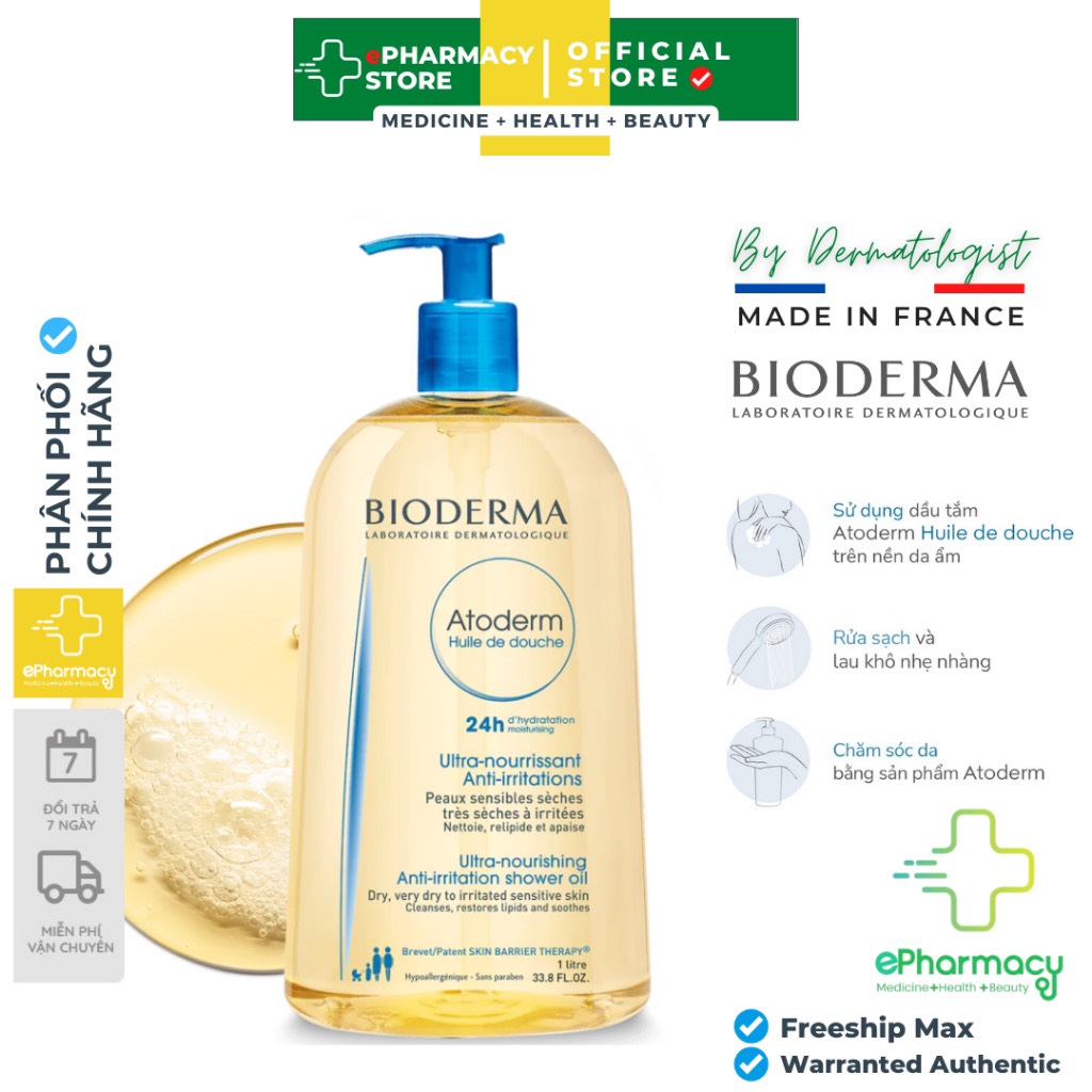 Dầu Tắm Bioderma Atoderm Huile De Douche giúp làm sạch, làm dịu và dưỡng ẩm dành cho da khô, da nhạy cảm 1L