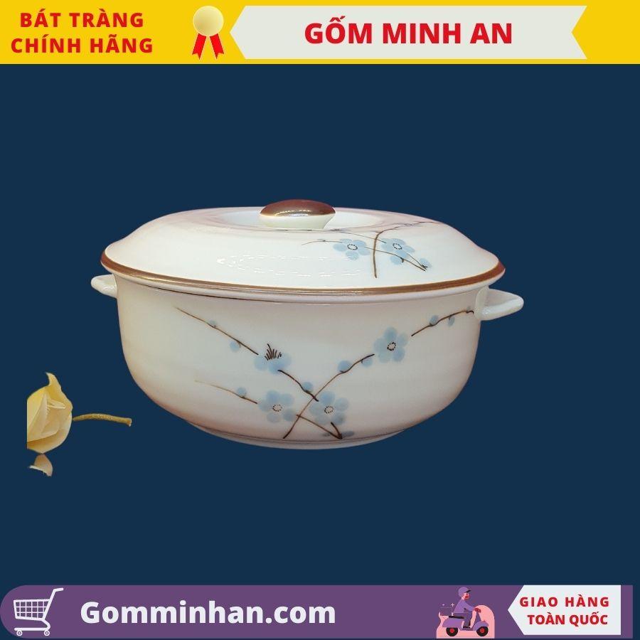 Âu đựng cơm sứ Bát Tràng có nắp men kem vẽ hoa văn thủ công gốm sứ Minh An Bát Tràng