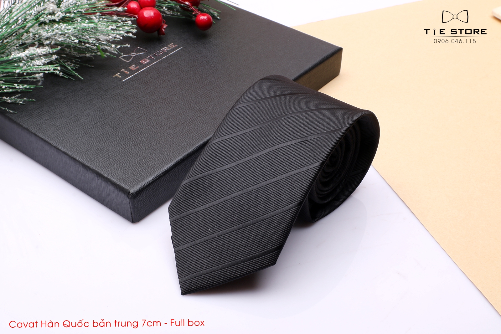 Cà Vạt Nam Bản Trung 7Cm kẻ đen - Cavat Hàn Quốc Cao Cấp Full box
