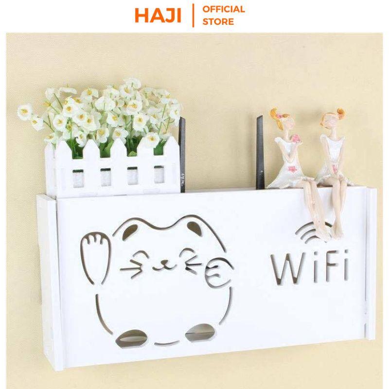 Kệ wifi treo tường HAJI hình mèo ú dễ thương, Kệ trang trí gỗ nhựa PVC chịu lực tốt, an toàn, bền, không cần khoan D345