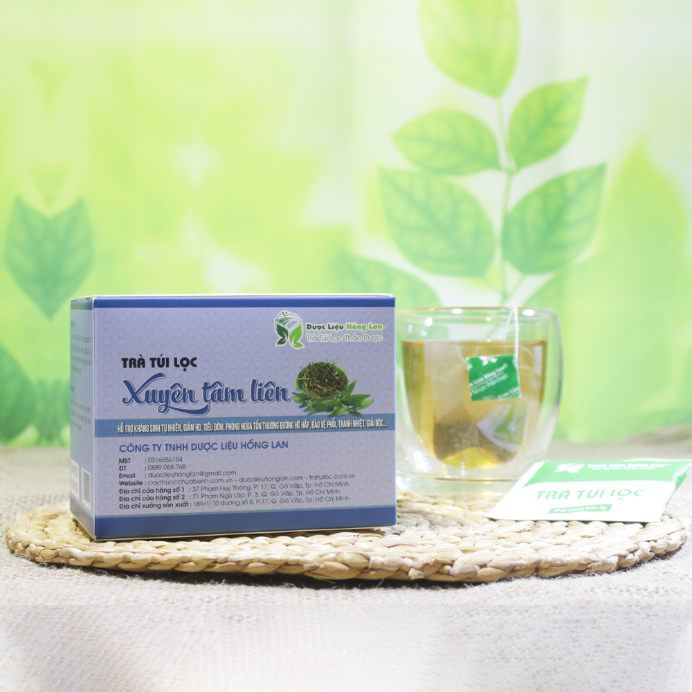 Trà Xuyên Tâm Liên túi lọc hộp 60g Cty Dược Liệu Hồng Lan - Giúp giảm ho, tiêu đờm, phòng ngừa tổn thương đường hô hấp, bảo vệ phổi, thanh nhiệt, giải độc…