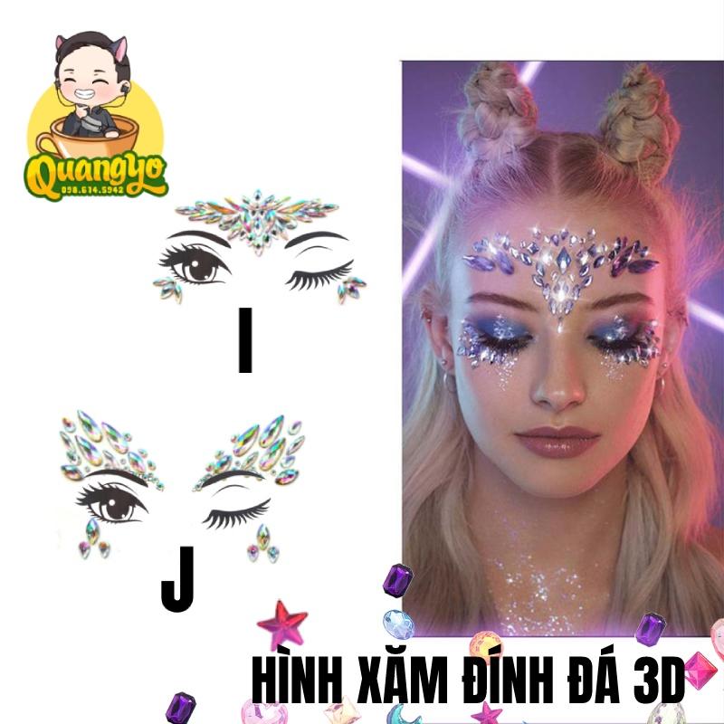 Hình xăm đính đá pha lê 3D, trang trí mặt, lấp lánh tham gia đi lễ hội, rave, music festival biển