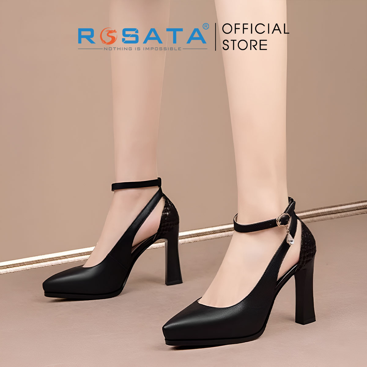 Giày nữ quai cài họa tiết sau gót ROSATA RO616 - 8p - Đen,Trắng - HÀNG VIỆT NAM - BKSTORE