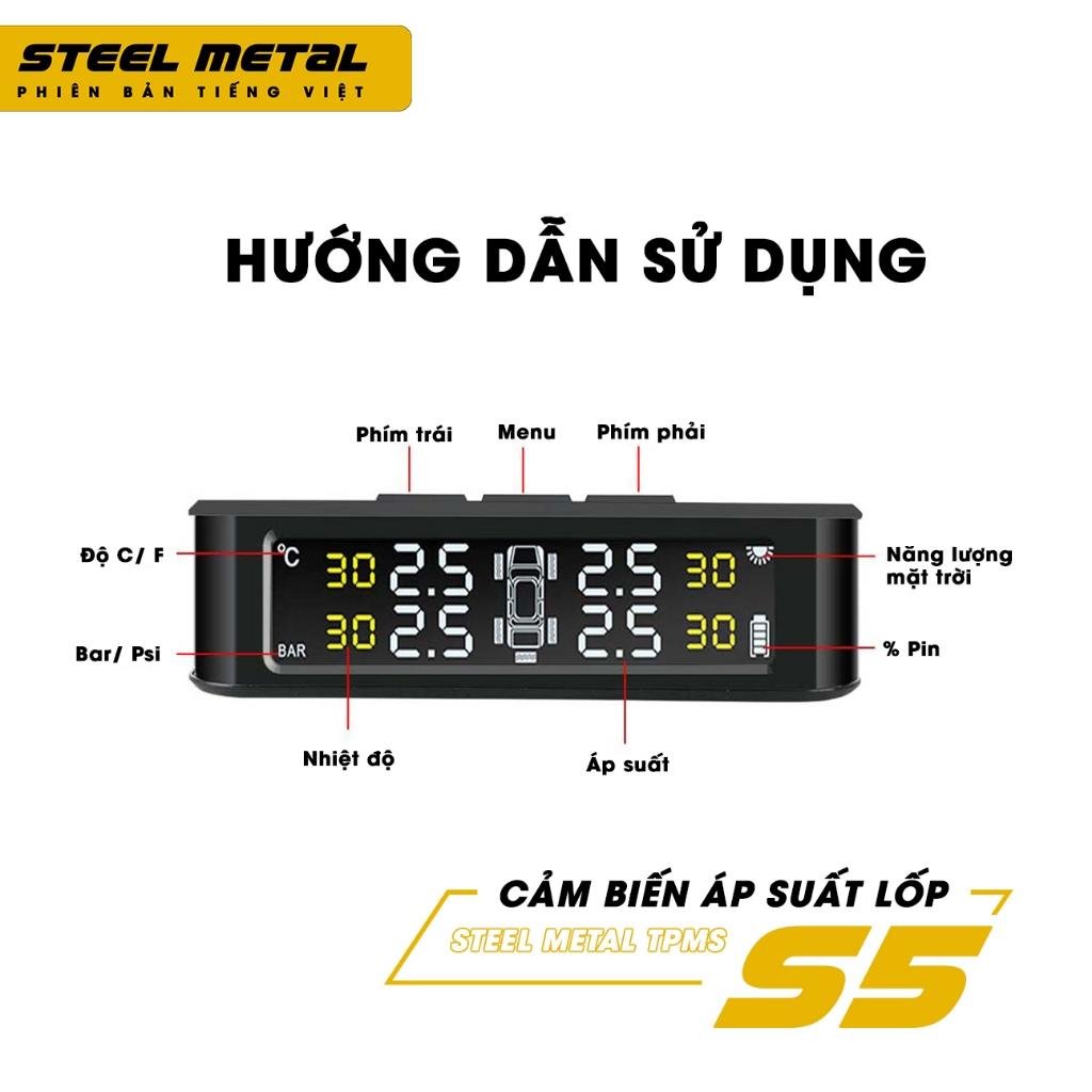 Cảm biến áp suất lốp TPMS STEEL METAL S5 van TRONG TIẾNG VIỆT SẠC NL mặt trời BH 12 tháng vios