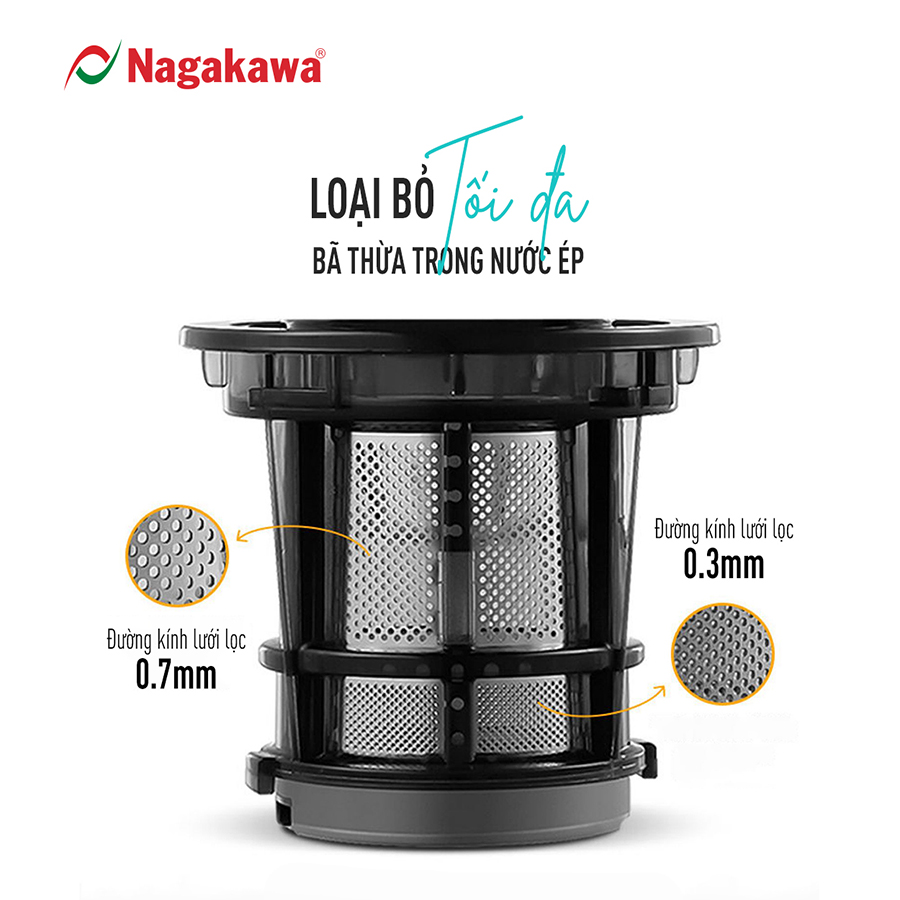 Máy ép chậm Nagakawa NAG0818 (200W) - Trục ép 6 phân đoạn kiệt bã - Ống tiếp thực phẩm lớn - Hàng chính hãng