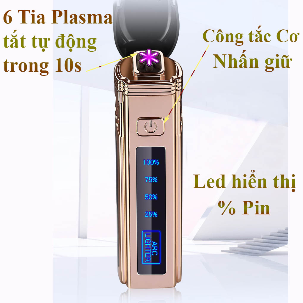 Bật Lửa Điện 6 Tia Plasma Hình Trụ Cứng Cáp Kèm Đèn Led Hiển Thị Pin Cao Cấp