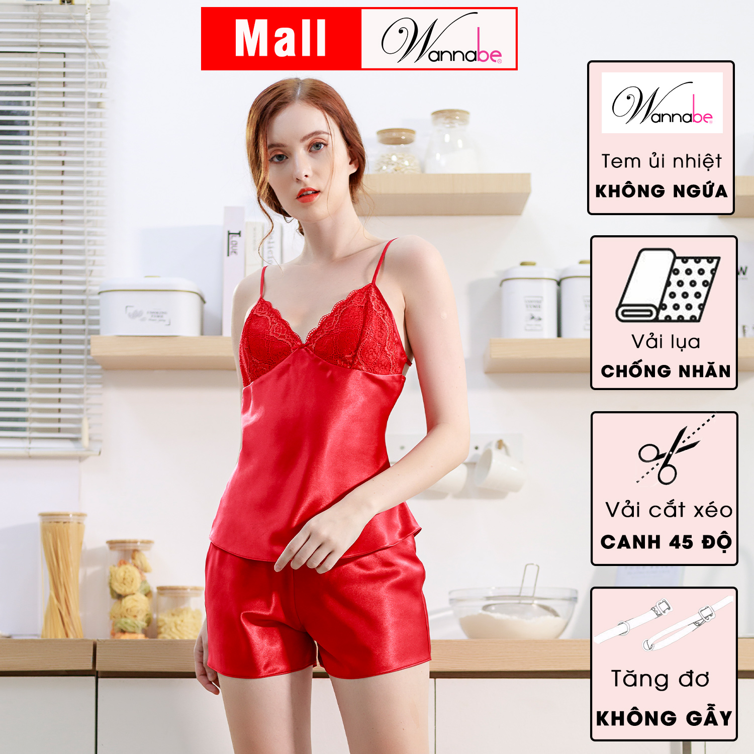 Đồ bộ mặc nhà phi lụa cao cấp WANNABE BSS19 đồ bộ quần sọt áo hai dây cúp ngực phối ren nữ tính