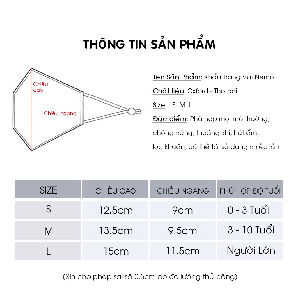 Khẩu Trang 4D NEMO Vải Oxford dày dặn, Có Đủ Size Cho Người Lớn Và Em Bé - KTMC