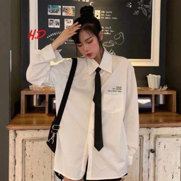 Áo sơ mi trắng nữ kèm cavat, áo sơ mi tay lỡ dáng thụng có cavat ND9
