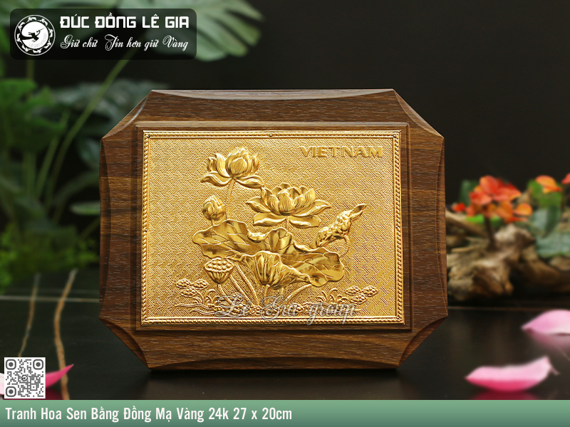Tranh Hoa Sen Bằng Đồng Mạ Vàng 24k 27 x 20cm
