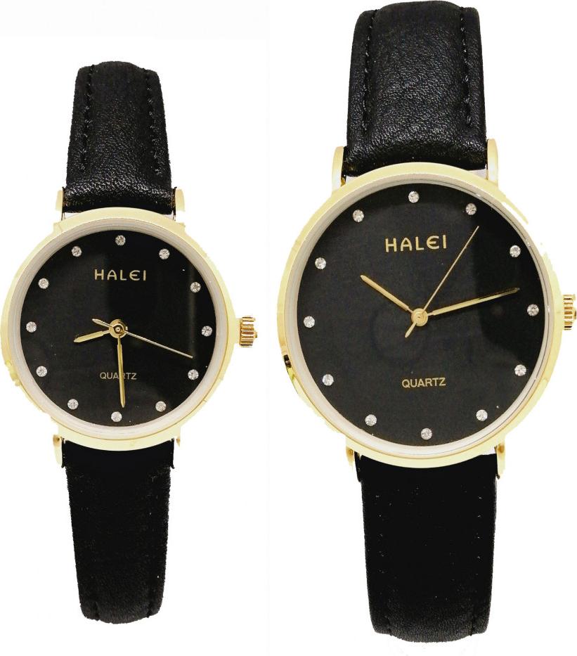 Cặp Đồng Hồ Nam Nữ Halei HL542 Dây da full đen