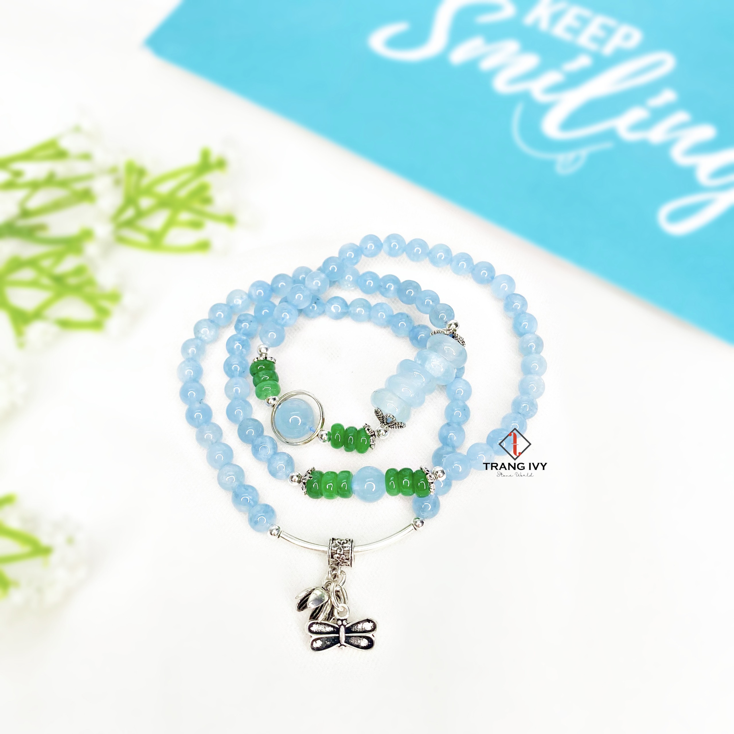 Chuỗi Aquamarine Mix Đồng Điếu Và Charm Bạc