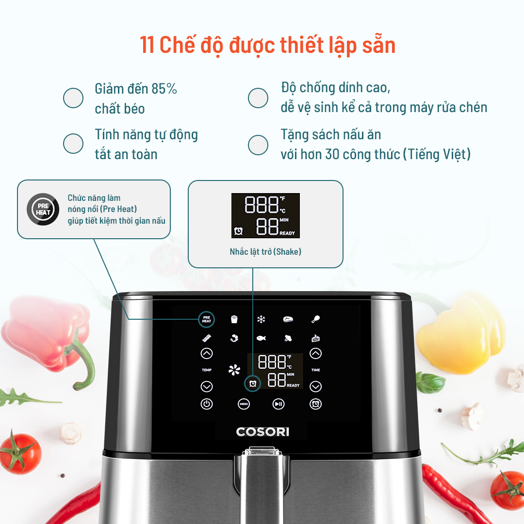 Nồi chiên không dầu Cosori CP258 -AF-RAM (5.5 lít) vỏ thép - Sấy khô thực phẩm - Hàng chính hãng