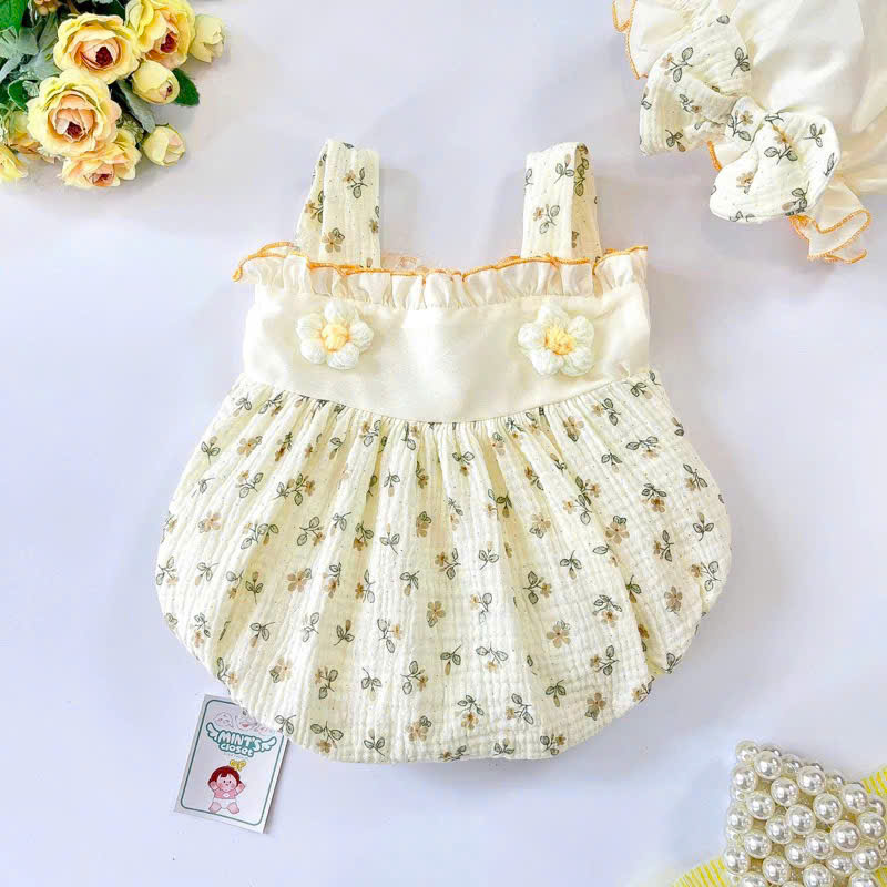 SET BODY 2 DÂY HỌA TIẾT HOA MÀU KEM KÈM NÓN CHO BÉ GÁI SƠ SINH ĐẾN 2 TUỔI