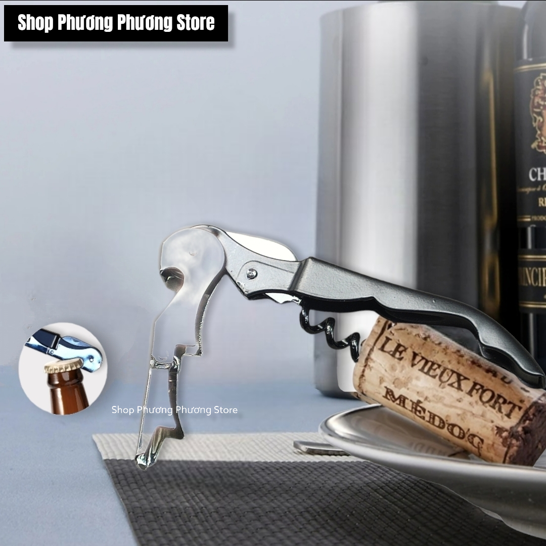 Dụng cụ mở nút chai rrượu vang, con vẹt khui nắp chai bia, khui hộp quà 3 in 1 với chất liệu inox bền đẹp