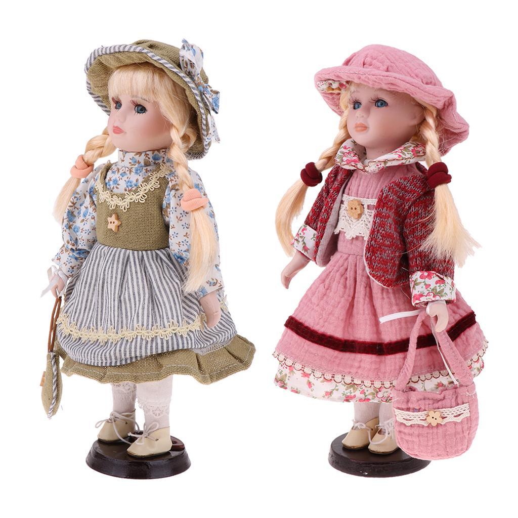 12 inch Elegant Porcelain Doll Collectible Miniatures, 2 Pieces Standing Victorian Girl Lady Doll with Stand, Hat, Shoes and Clothes