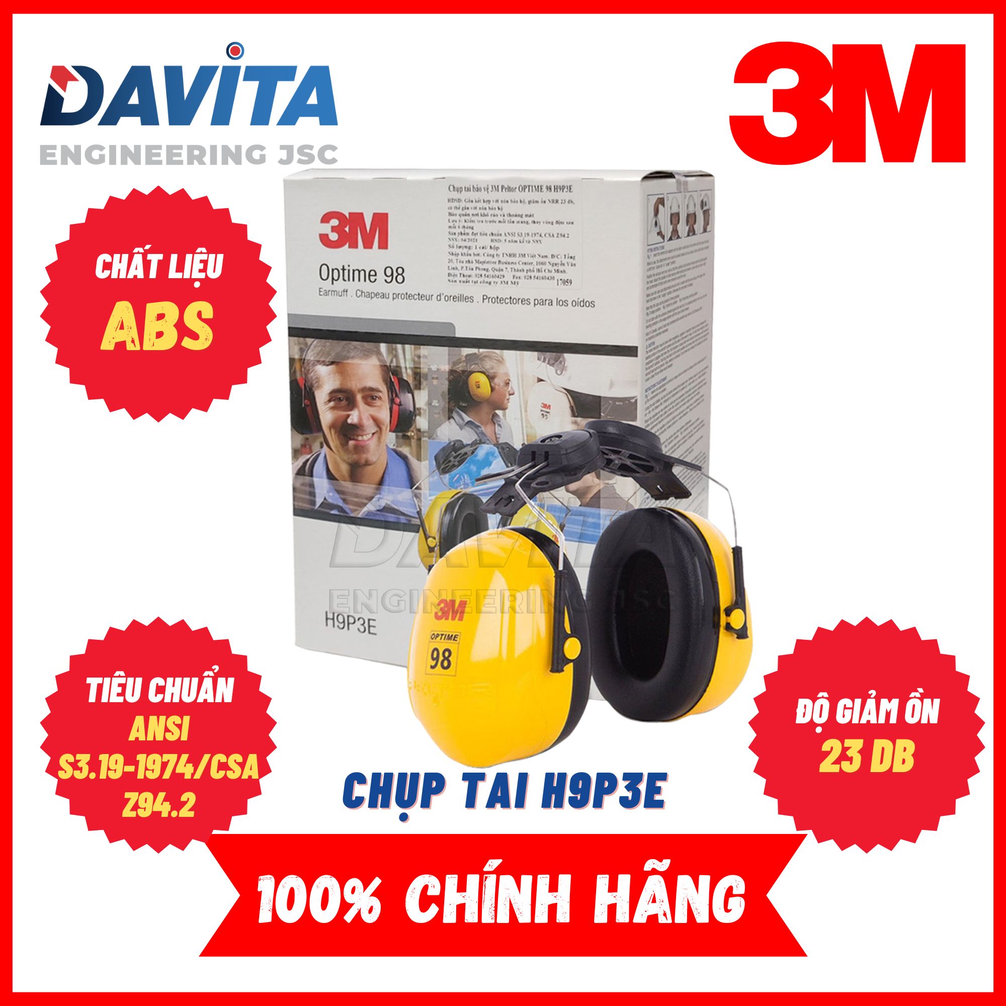 Chụp tai chống ồn 3M H9P3E, sử dụng gắn nón bảo hộ 3M