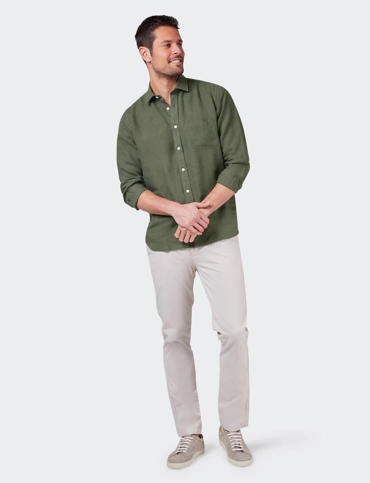 Áo Sơ Mi Nam Hazzys Linen Olive Plain Slim Fit Shirt - SIZE 95/100