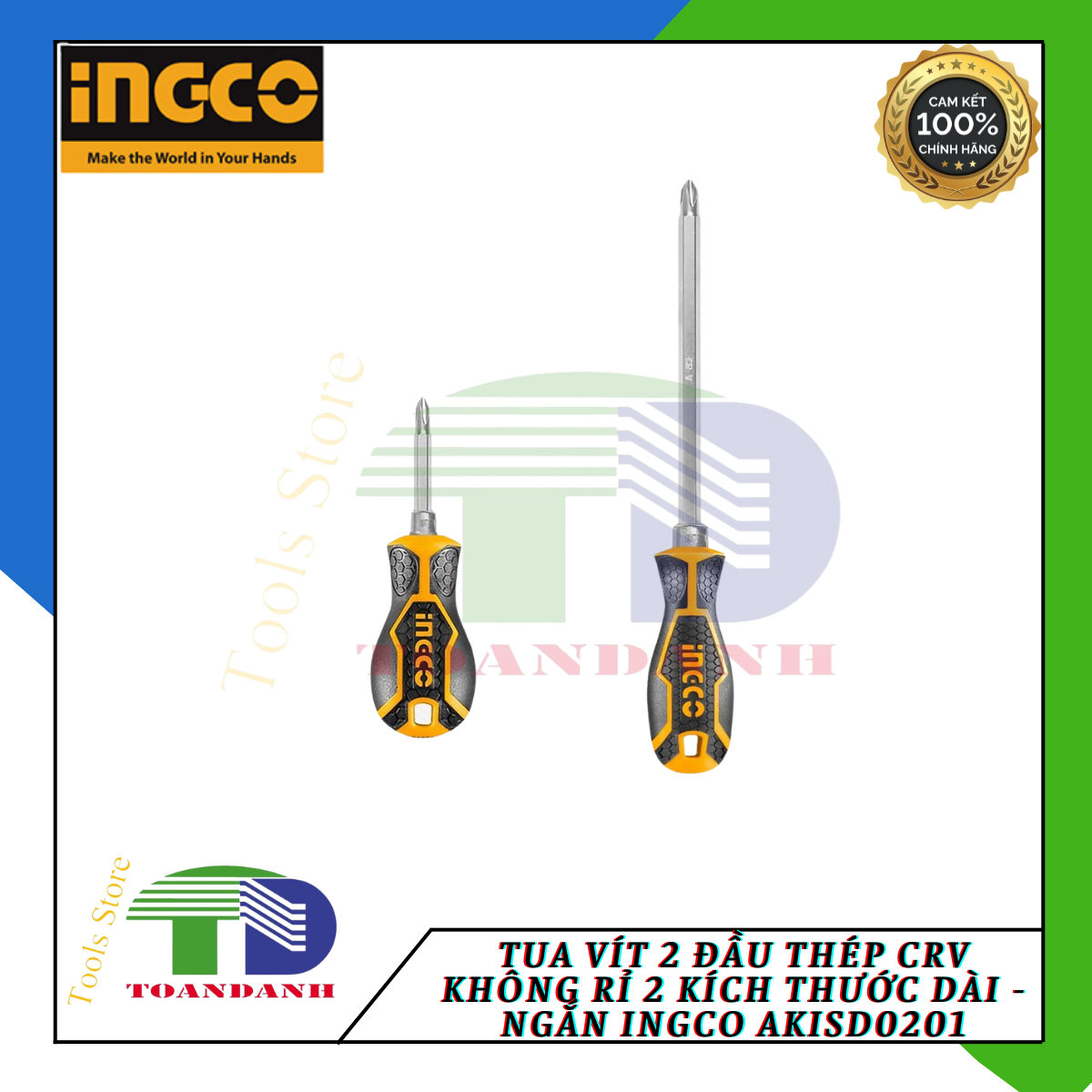Tua vít 2 đầu thép CRV không rỉ 2 kích thước dài - ngắn Ingco AKISD0201- Hàng chính hãng