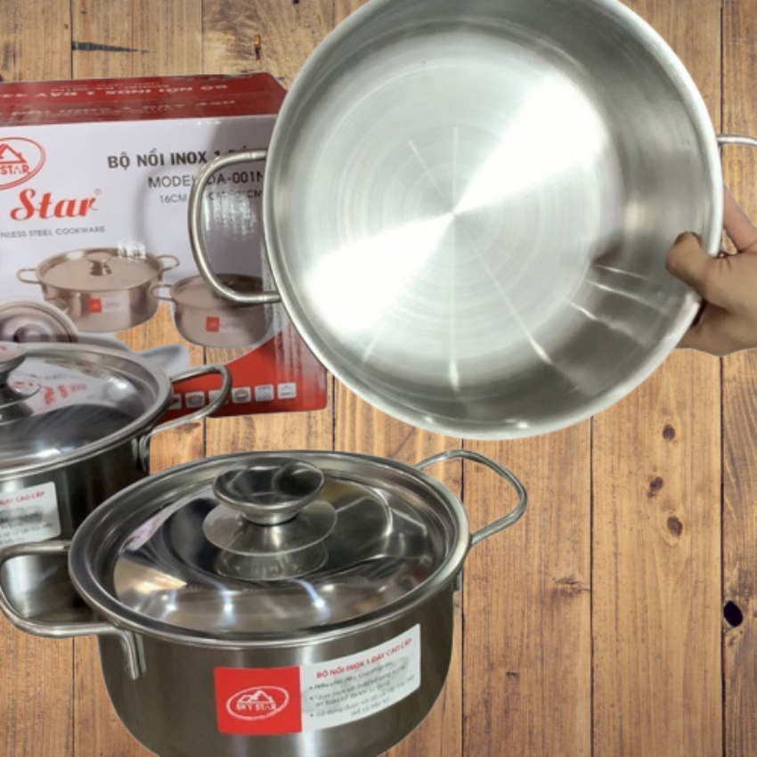 BỘ 3 NỒI BAO DÀY 24cm 18cm 16cm NẮP INOX CAO CẤP DÙNG ĐƯỢC BẾP TỪ