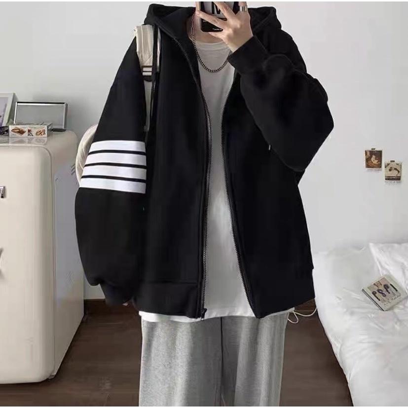 Áo Khoác Hoodie Unisex THOM 4 Sọc Kiểu Zip Kéo Phối Nón Rộng Vải Nỉ Xịn Phong Cách Ulzzang Hàn Quốc Hot Trend Mới