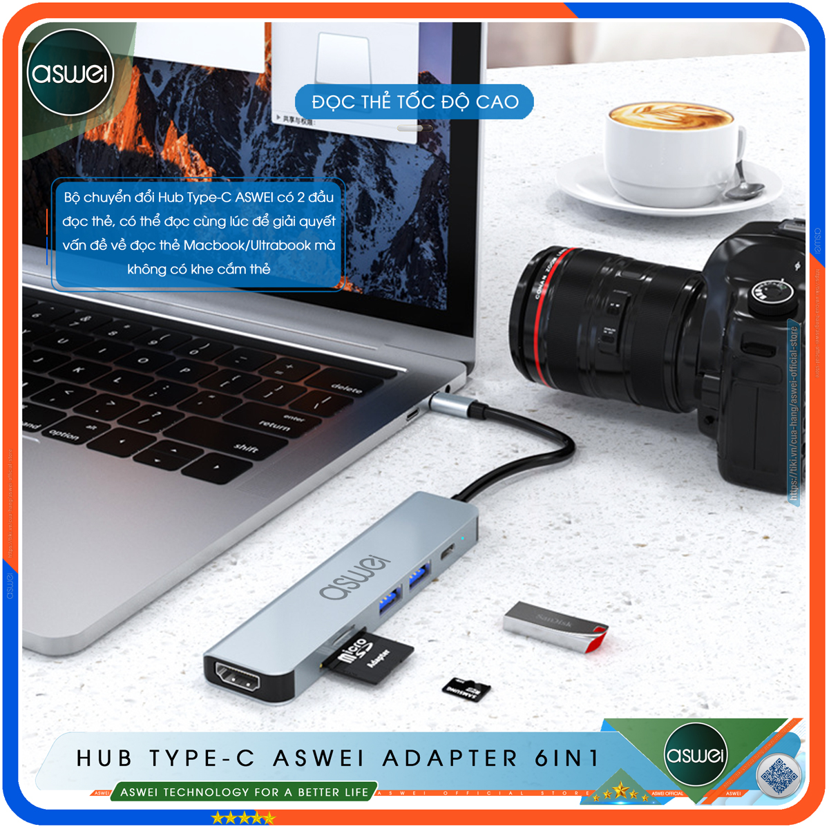 Hub Type C ASWEI 6in1 To HDMI, USB 3.0, SD, TF, PD 100W - Cổng Chia, Ổ Chia USB Tốc Độ Cao - Hub Chuyển Đổi USB Type-C Dành Cho MacBook, Tivi, Laptop, PC, Máy Tính Bảng, Smartphone – Hàng Chính Hãng