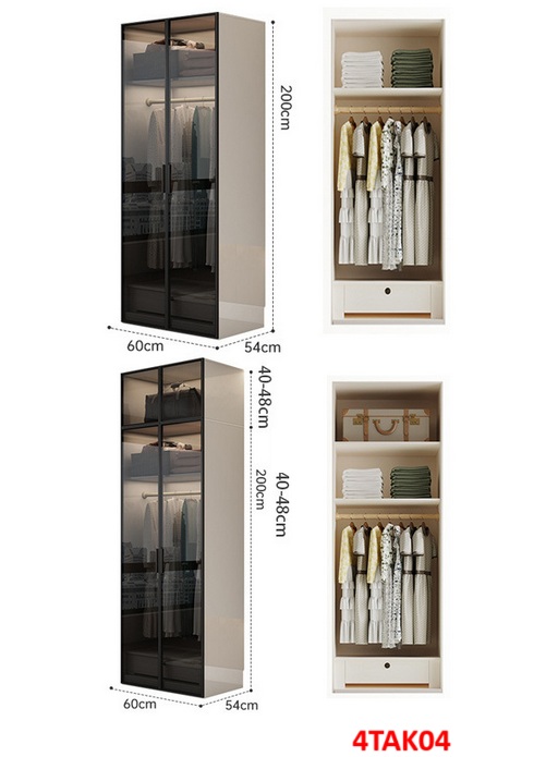 Tủ quần áo gỗ MDF cánh kính cường lực khung nhôm 4TAK04 - Nội thất lắp ráp Viendong Adv